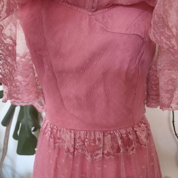Blush Pink Lace Victorian Bridgeton Cottagcore Vtg Dress Lace Collared Dress - Picture 5 of 13